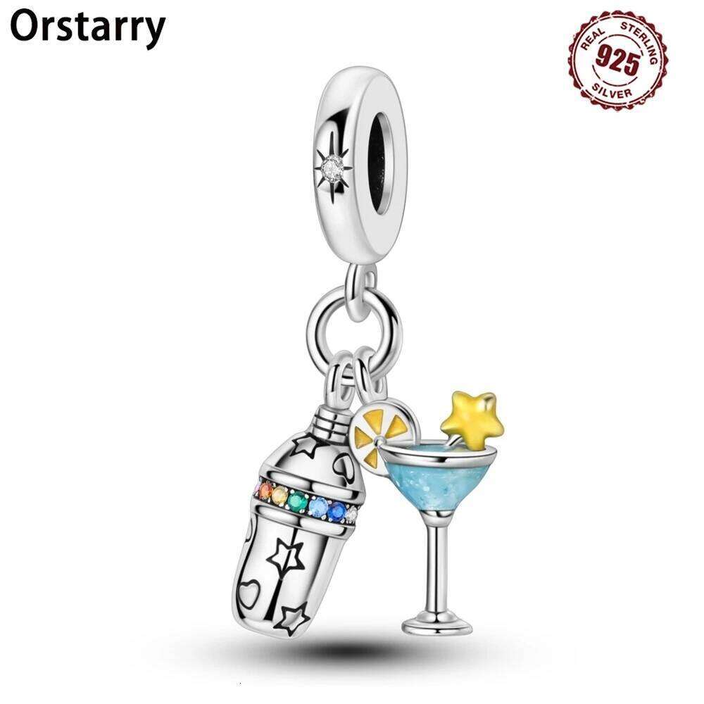Orstarry 925 Sterling Silver Bartender Cocktail Glass Cup Pendants Bracelet Charms Jewelry Party Beads DIY Trendy Gifts