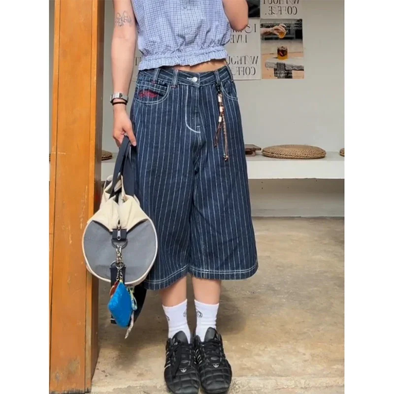 Harajuku Y2k Womens Light Blue Calf Length Cargo Jeans Baggy Denim Trousers Japanese 2000s Oversize Jean Pants Vintage Clothes 260106