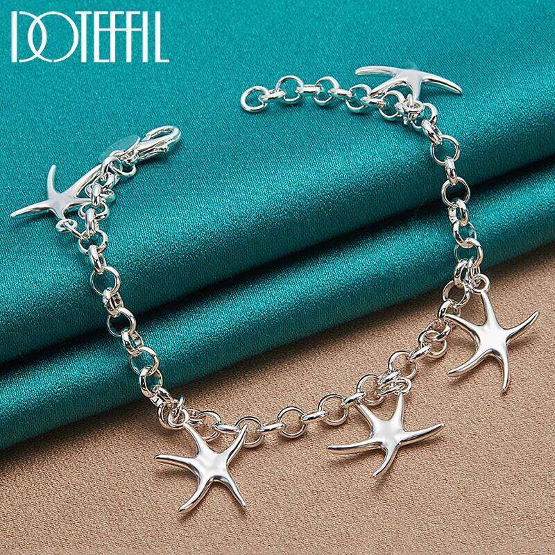 DOTEFFIL 925 Sterling Silver Five Starfish Pendant Bracelet For Woman Charm Wedding Engagement Fashion Party Jewelry