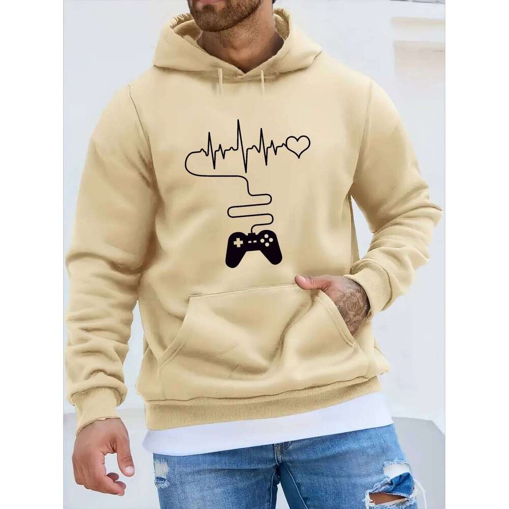 Men's autumn and winter casual fashion loose gamepad print long sleeved hooded sweatshirt warm sports pullover XJ260107