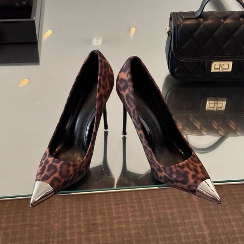 New Niche Design Sense Metal Iron Head Leopard Print Pointed High Heels Shallow Mouth 10 Cm Thin Heel Single Shoes Women