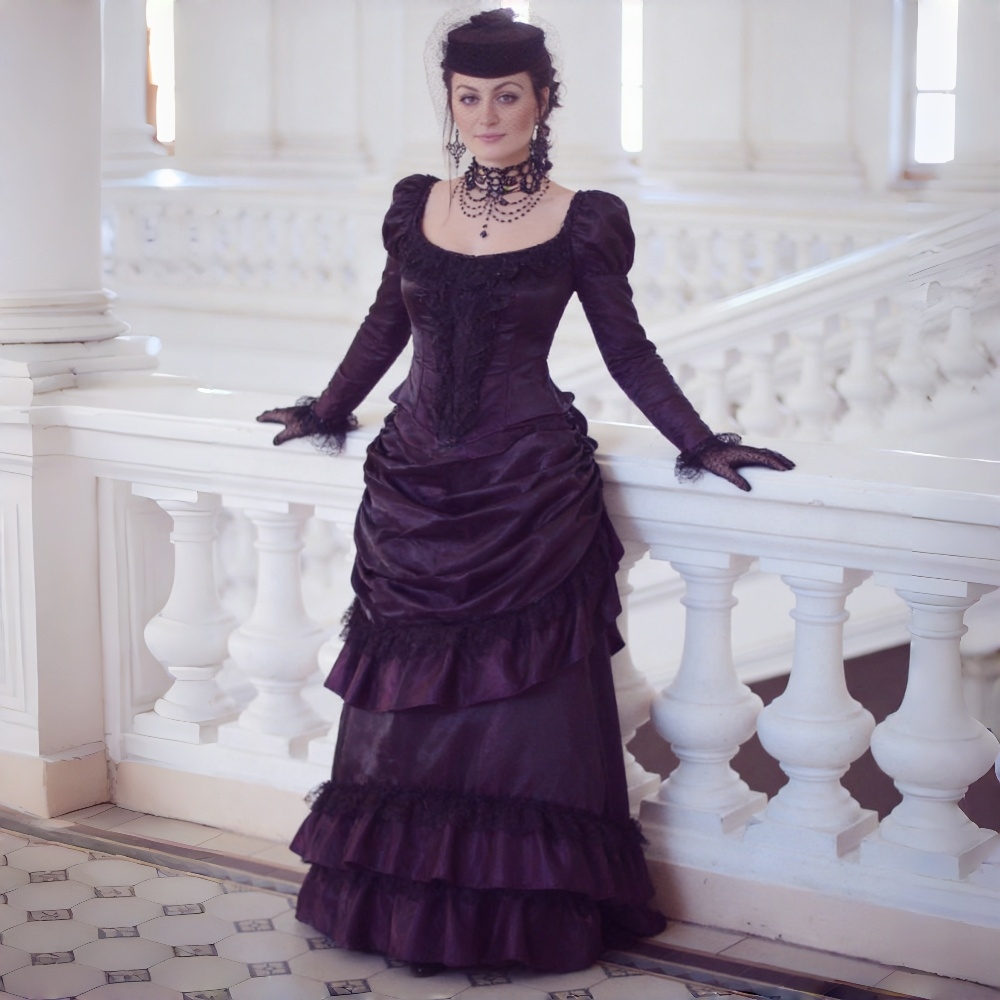 Vintage Victorian Bustle Prom Dresses Ruffles Ruched Long Sleeves Evening Gowns Scoop Neck Dark Purple Special occasion Dress For Women