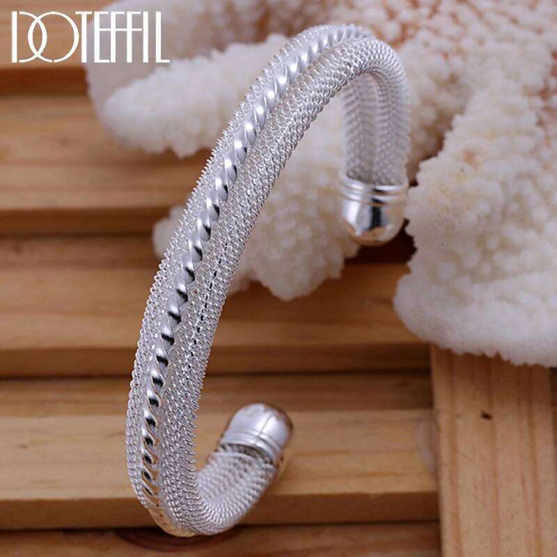 DOTEFFIL 925 Sterling Silver Woven Mesh Bangle Bracelet For Woman Man Wedding Engagement Fashion Charm Party Jewelry