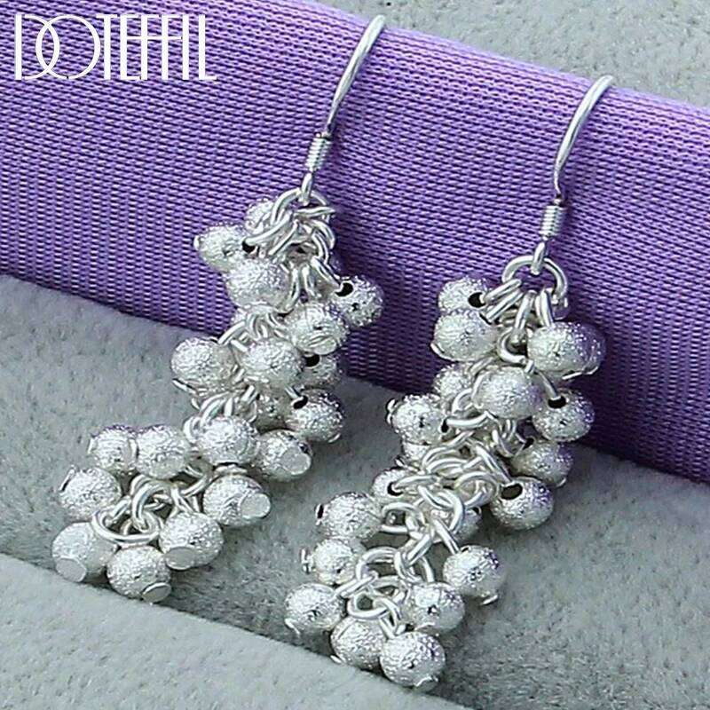 DOTEFFIL 925 Sterling Silver Frosted Grape Beads Drop Earrings Woman Wedding Exquisite Fashion Jewelry