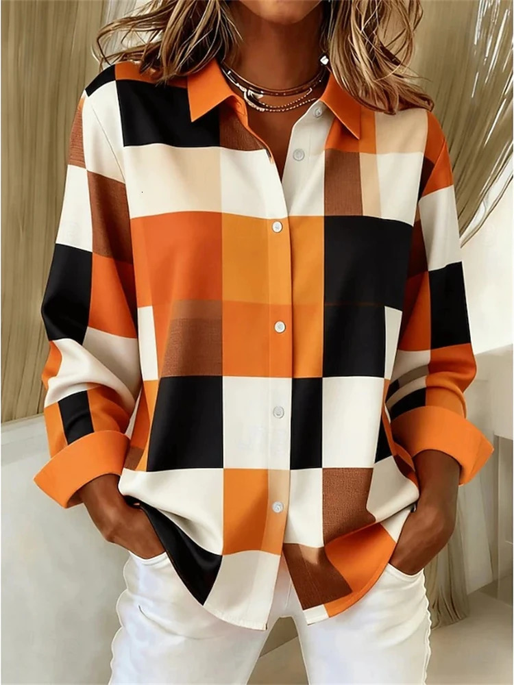 3D Patchwork ColorPrinted Fashionable Womens Shirt Loose Fit Comfortable Breathable Top Casual Collared LongSleeve 251231