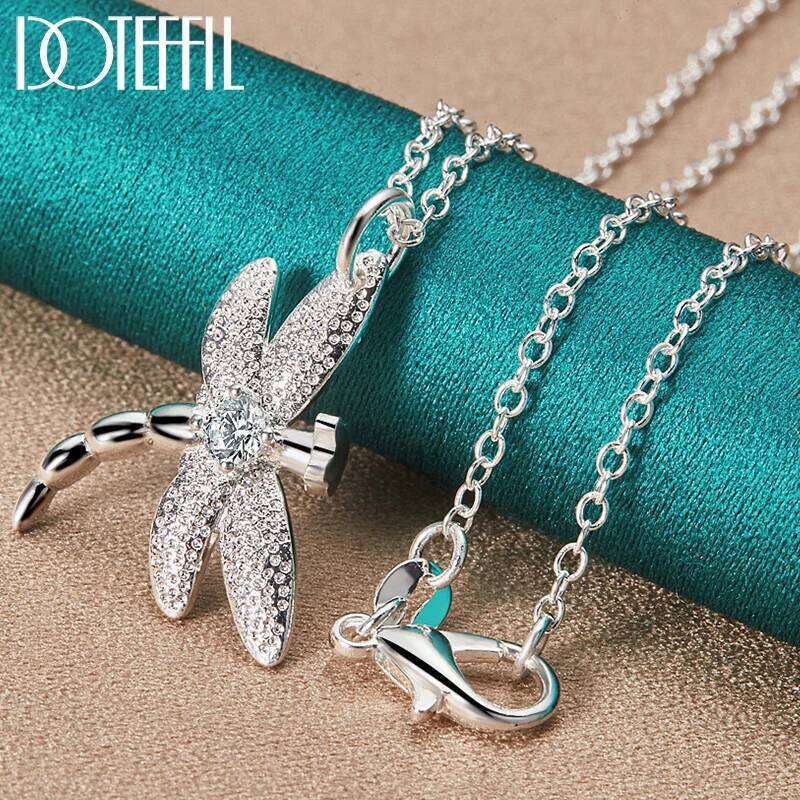 DOTEFFIL 925 Sterling Silver AAA Zircon Dragonfly Pendant Necklace 18 inch Chain For Woman Wedding Engagement Fashion Jewelry