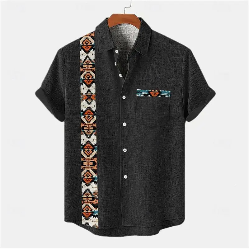 Ethnic Style Mens Color Blocked 3D Printed Button Neck Short Sleeved Shirt Highquality Hawaiian Beach Top Hemd Herren 251230