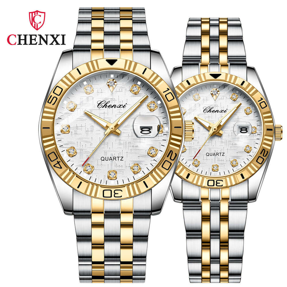 Couple Calendar with Diamonds Gold Steel Strap Fashion Business Quartz Watch designer wristwatches stainless steel band valentines day gift