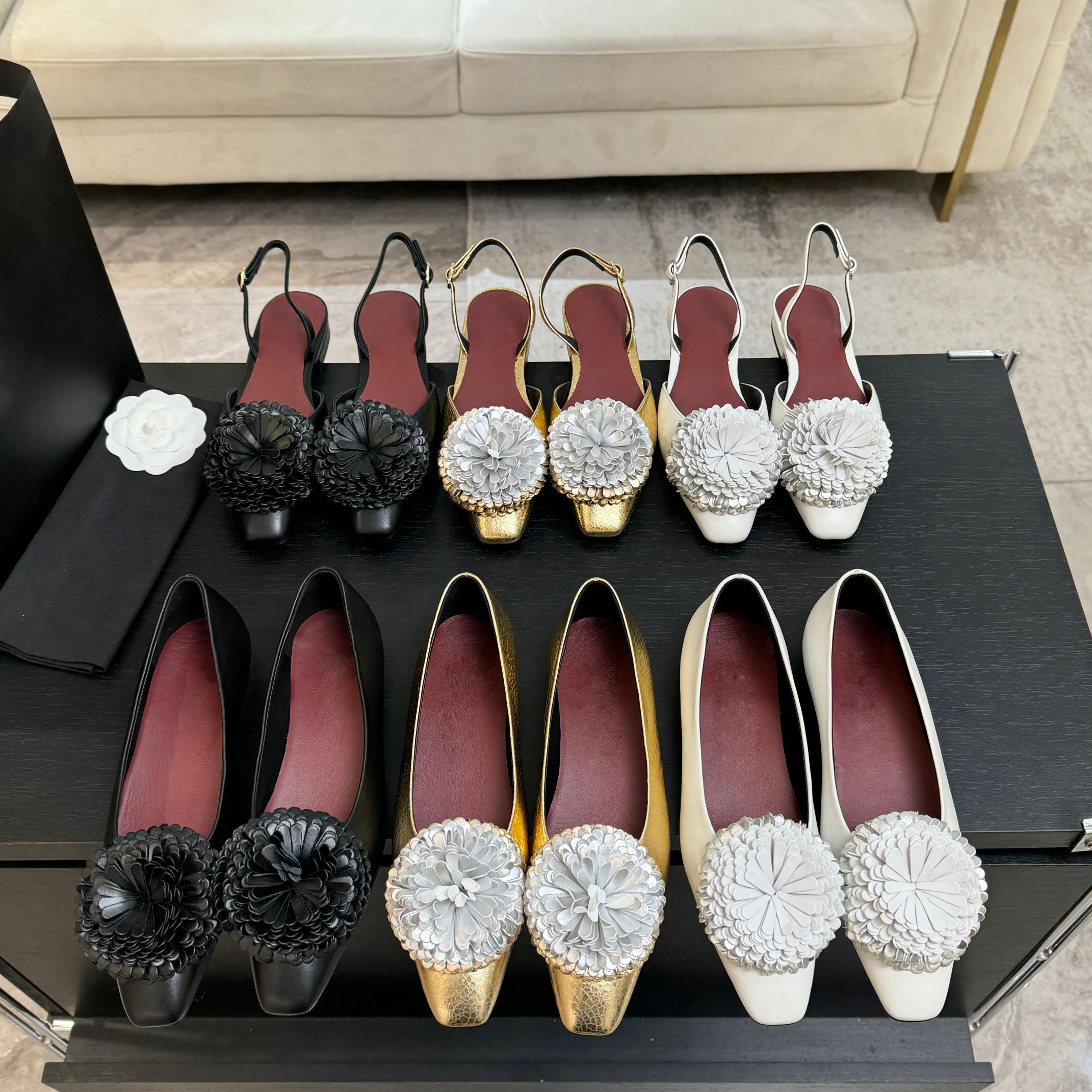 Ballet Flats slingback Loafers shoes Low-heels sandals flower Genuine Leather ankle strap Dress shoes Luxury designer heels womens Office dinner With box 35-41