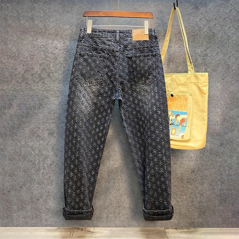Luxury Brand Designer Clothes Men's Jeans Summer Trendy Brand Long Pants Small Ripped Jacquard Retro Wide-Leg Long Pants Men's Autumn Export