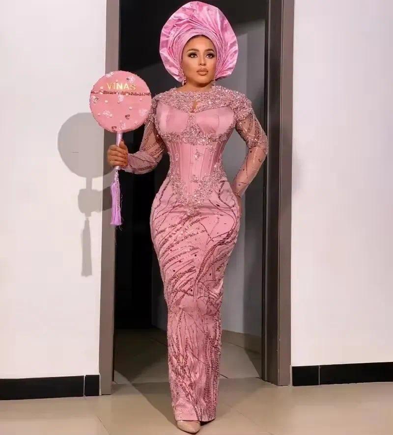 Aso Ebi Pink Mermaid Evening Dresses - Vintage Lace Appliqued Long Sleeve Formal Party Gowns with Sequins African Beading Prom Dress D20