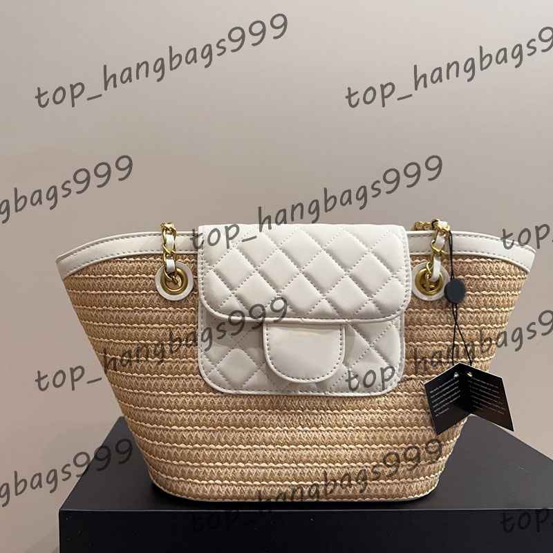 Designer Straw Ladies Tote Underarm Bag Two-tone Leather Flap Pocket Golden Hardware Matelasse Chain Outdoor Leisure Shopping Purse Shoulder Handbag 22x19cm