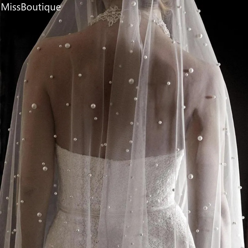 Bridal Veils Wedding Veil With Pearls One Layer Long Cathedral Bride Velos De Noiva Crystal Beaded For White Ivory Metal Comb 1229
