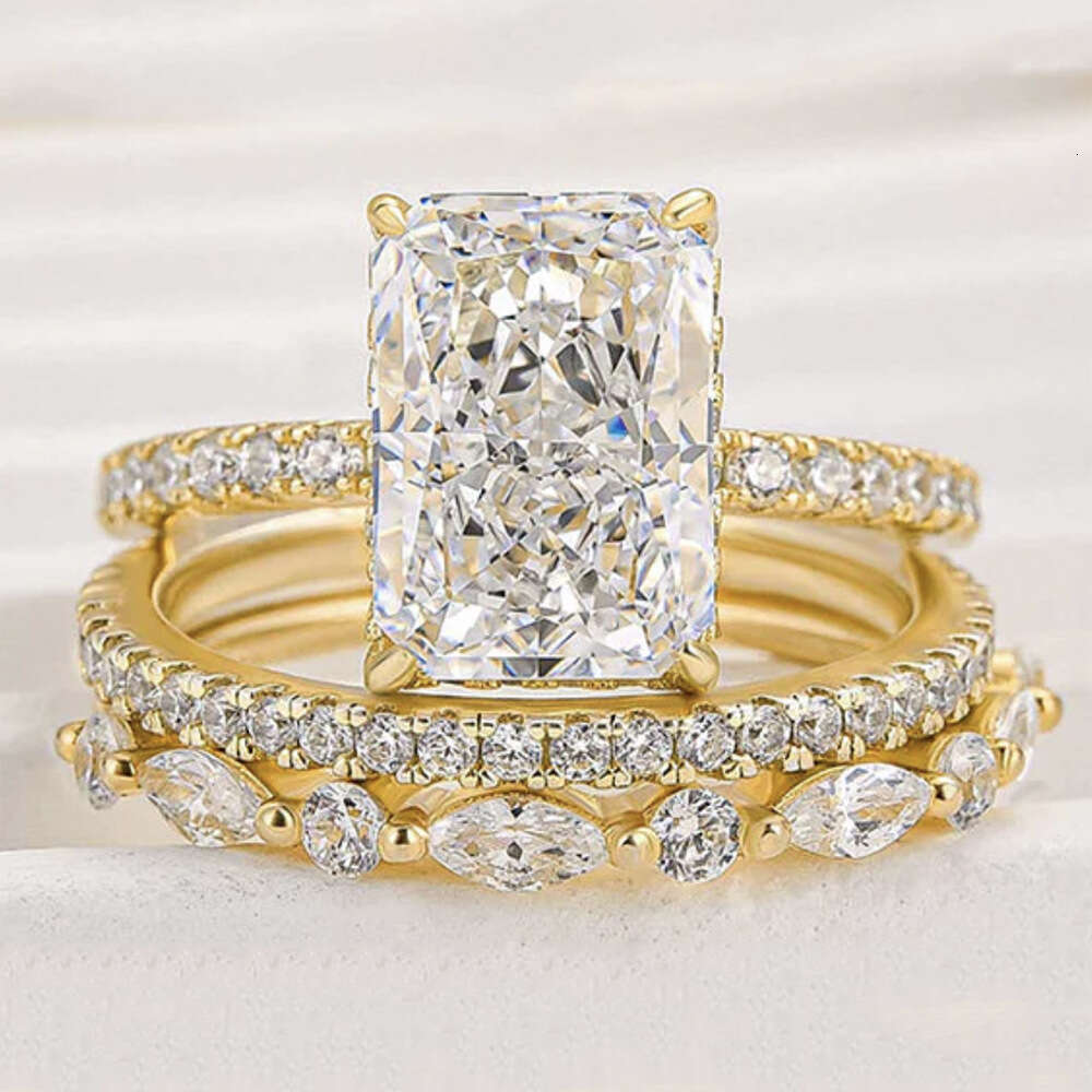S925 Sterling Silver Super Sparkling Ice Flower Cut Zircon European And American Cross-Border High-Quality Light Luxury Ins Style Ring Set
