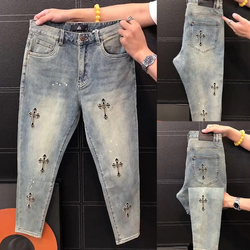 Luxury Brand Designer Clothes Summer New Loose Straight Jeans For Men, Stylish And Unique Cross Embroidery Casual Pants, Versatile Long Pants