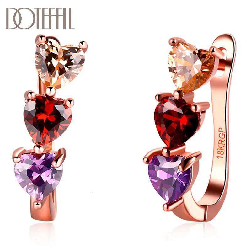 DOTEFFIL Rose Gold Multicolor AAA Zircon Heart-Shaped Earrings For Women Jewelry Fashion Wedding Party Gift