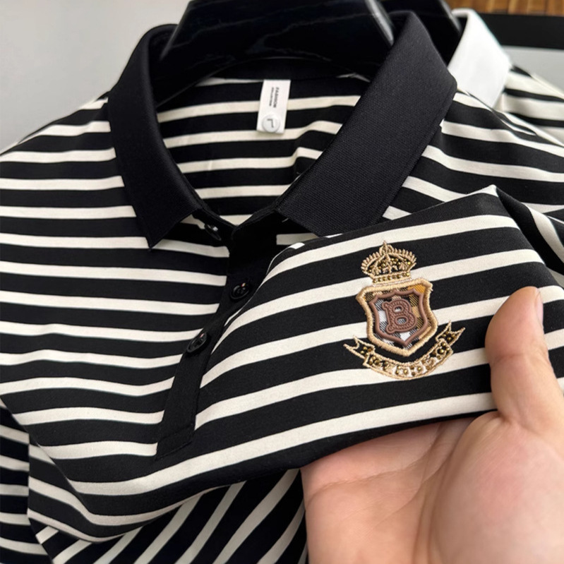 Luxury Brand Designer Clothes Off-Site Summer Men's Striped Short Sleeve T-Shirt Pure Cotton Breathable Loose Casual Turn-Down Collar Versatile P