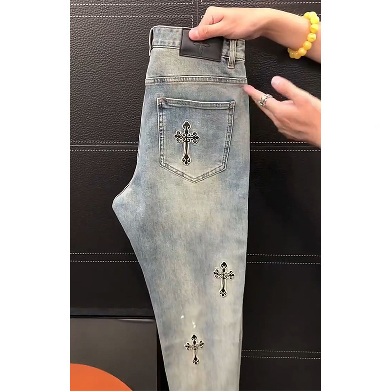 Designer Clothes Summer New Loose Straight Jeans For Men, Stylish Luxury Brand And Unique Cross Embroidery Casual Pants, Versatile Long Pants