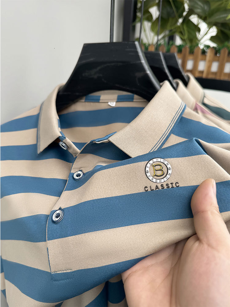 Designer Clothes Off-Site Summer New Men's Short Sleeve T-Shirt Turn-Down Collar Striped Luxury Brand Loose Half Sleeve Middle-Aged POLO Shirt Ho