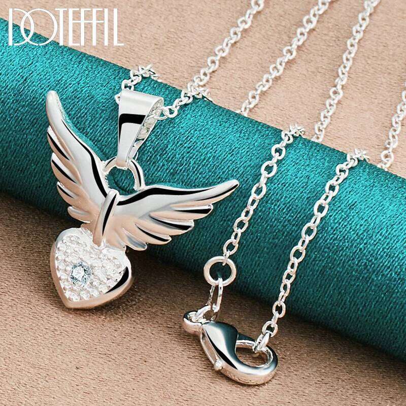 DOTEFFIL 925 Sterling Silver 16-30 Inch AAA Zircon Love Heart Wings Pendant Necklace For Woman Fashion Wedding Charm Jewelry