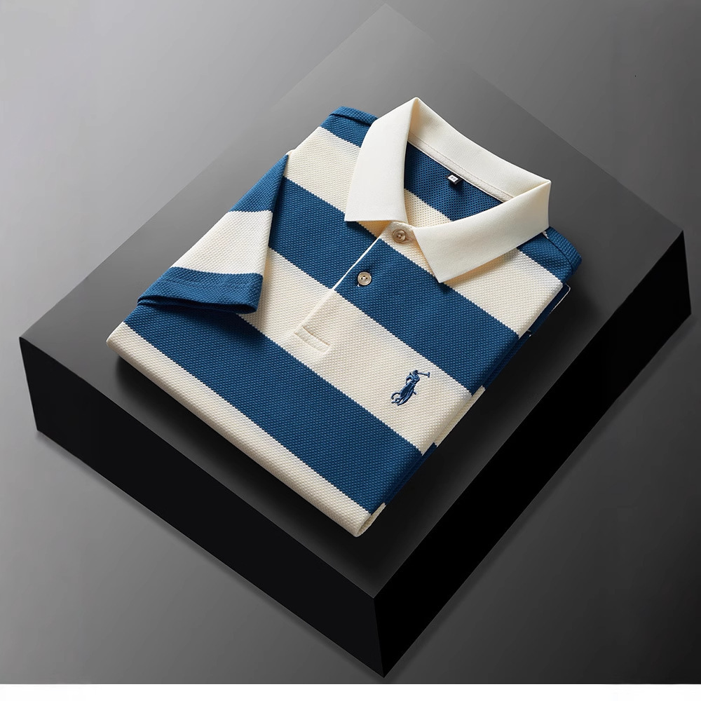 2026 Luxury Brand Designer Clothing Summer Men's New Turn-Down Collar Loose Short Sleeve T-Shirt Wide Stripe Embroidery Fashion Business Middle-A