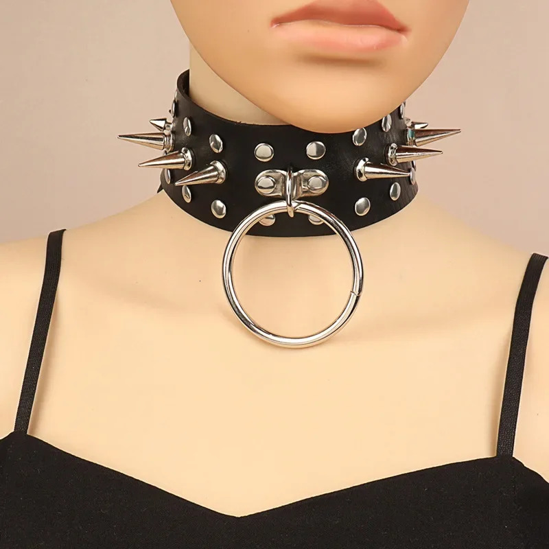 Punk Gothic Style Cropped Studded Sharpened Round Ring PU Leather Necklace Street Pography Leather Choker Necklace 260106
