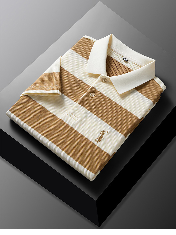 2026 Luxury Brand Designer Clothing Summer Men's New Turn-Down Collar Loose Short Sleeve T-Shirt Wide Stripe Embroidery Fashion Business Middle-A