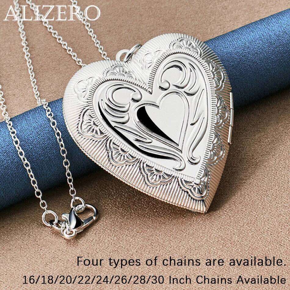 ALIZERO 925 Sterling Silver Heart Photo Frame Pendant Necklace 16-30 In Chain For Women Men Jewelry Party and Daily Wear