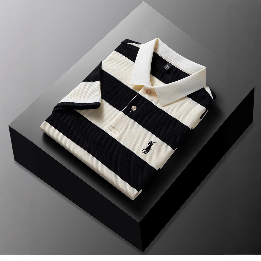 2026 Luxury Brand Designer Clothing Summer Men's New Turn-Down Collar Loose Short Sleeve T-Shirt Wide Stripe Embroidery Fashion Business Middle-A
