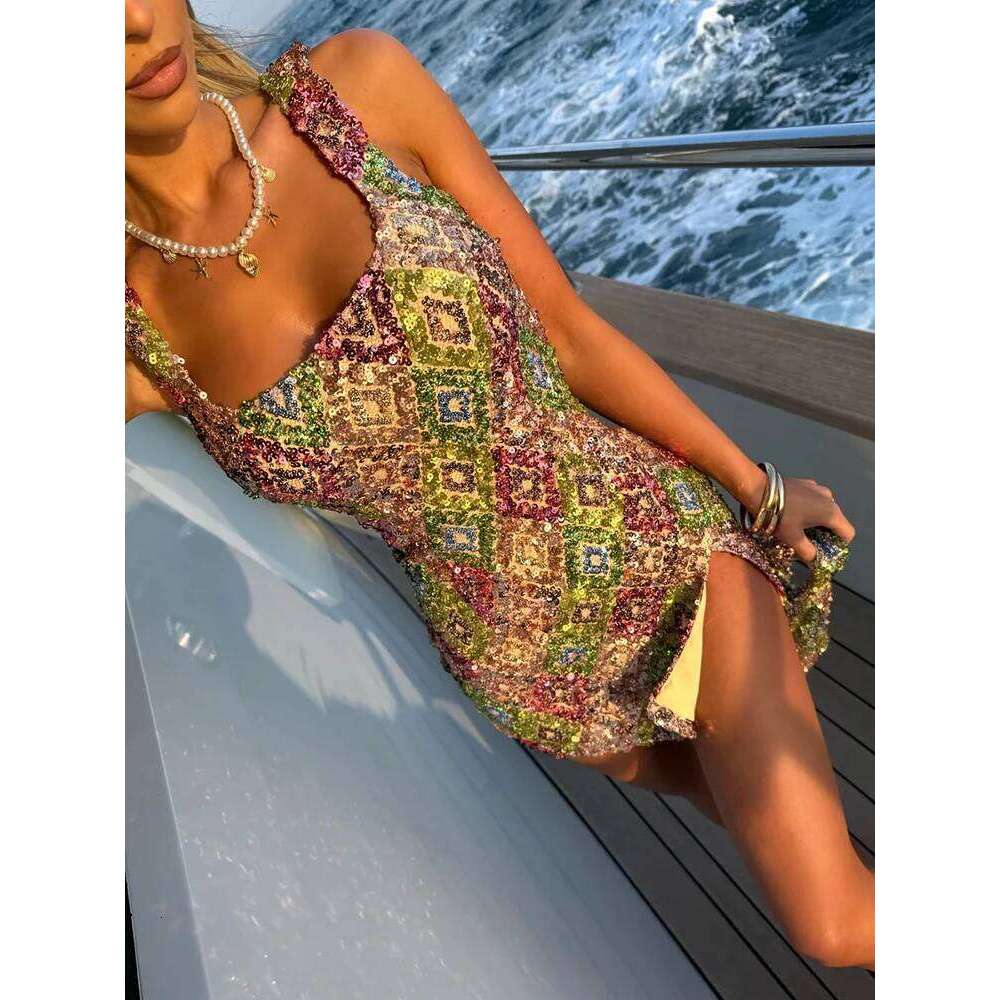 Mozision Multicolour Pattern Sequins Sexy Mini Dress Women Fashion Square Collar Sleeveless Backless Sparkle Club Party Dresses