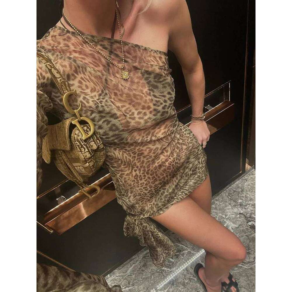 2026 One Leopard Print Maxi Women Inclined Shoulder Backless Beach Holiday Vacation Club Sexy Long Dress