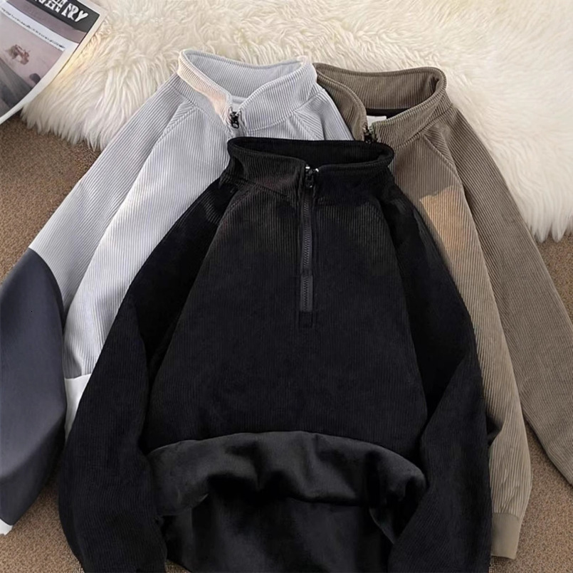 Fleece-Lined Stand Collar Half-Zip Sweatshirt Men's Autumn Winter Japanese Style Simple Loose Casual New Solid Color Jacket Men