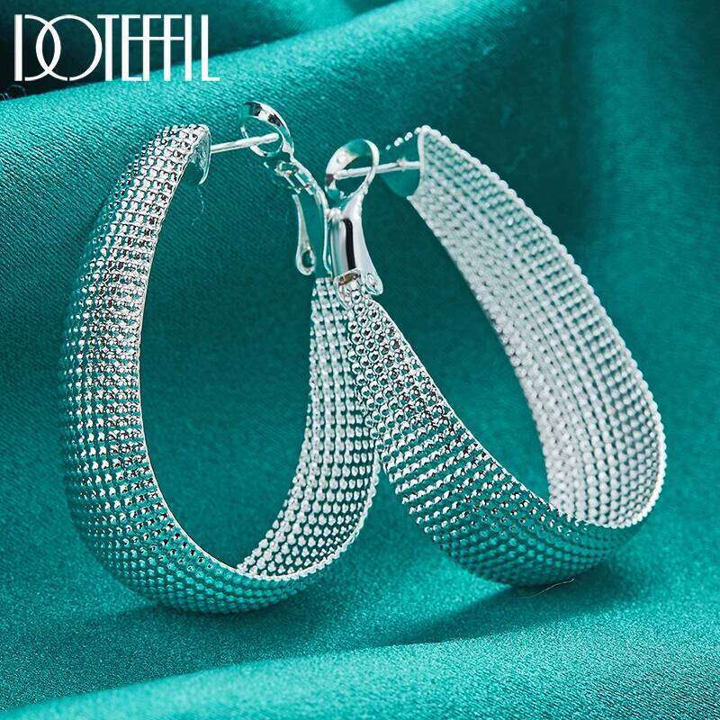 DOTEFFIL 925 Sterling Silver Particle Surface U Earring For Woman Charm Fashion Wedding Engagement Jewelry