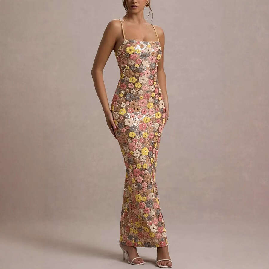 Summer New Sequin Strap Floral Slim Fit Vacation Long Dress Party dress Women S Luxury Clothing