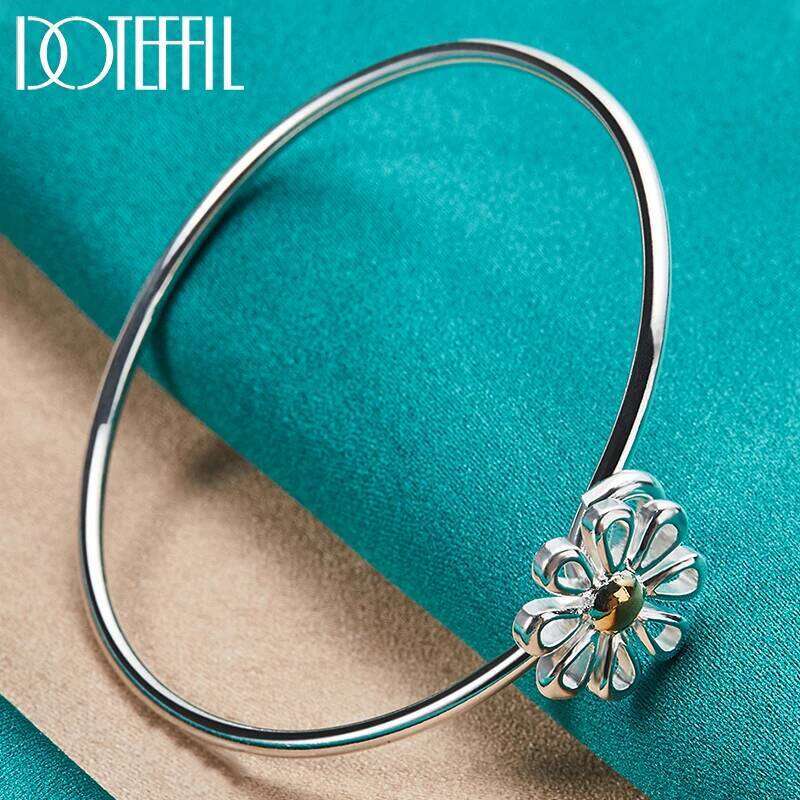 DOTEFFIL 925 Sterling Silver Gold Flower Bangle Bracelet For Woman Wedding Engagement Fashion Charm Party Jewelry