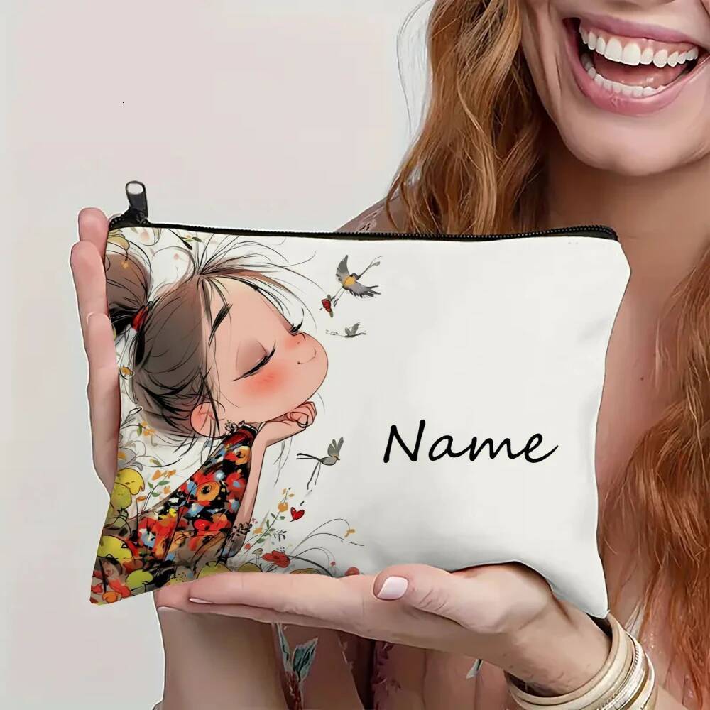 Custom Name Vintage Cute Girl Pattern Makeup Handbag Toiletry Pencil Case Holiday Gift Cosmetic Bag