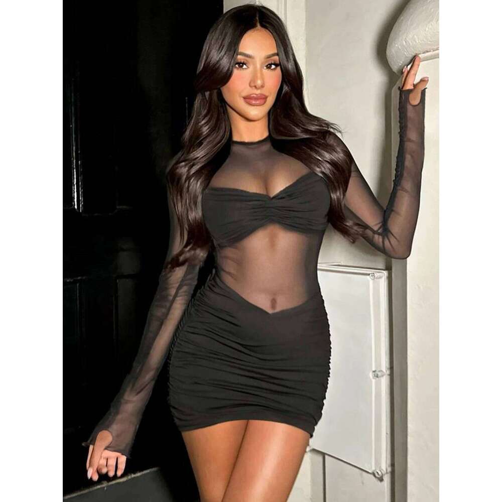 Dulzura Autumn Fashion Sexy O-Neck Long Sleeve Ruched Slim Sheer Mesh Mini Women'S Solid Elegant Dress Party Club Clothes