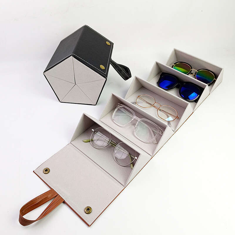 Wholesale Leather Multi-Compartment Simple Sunglasses Storage Box Portable Large Capacity Multi-Link Folding Glasses Case B5