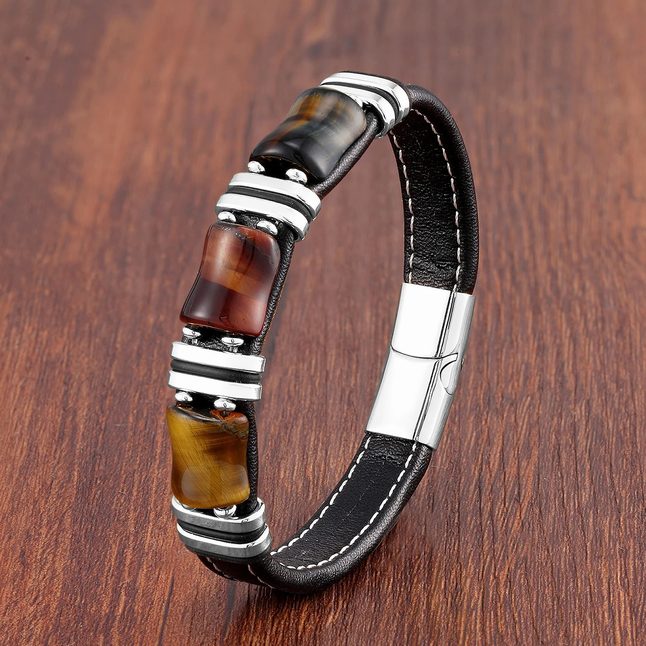 Handmade Natural Tiger Eye Stone Bracelet for Men Personalized Leather Bracelets Stainless Steel Jewelry Fashion 260106