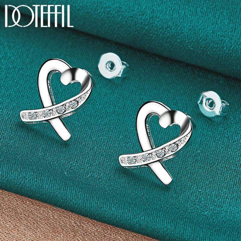 DOTEFFIL AAA Zircon Heart Stud Earring 925 Sterling Silver For Women Fashion Charm Wedding Engagement Party Jewelry