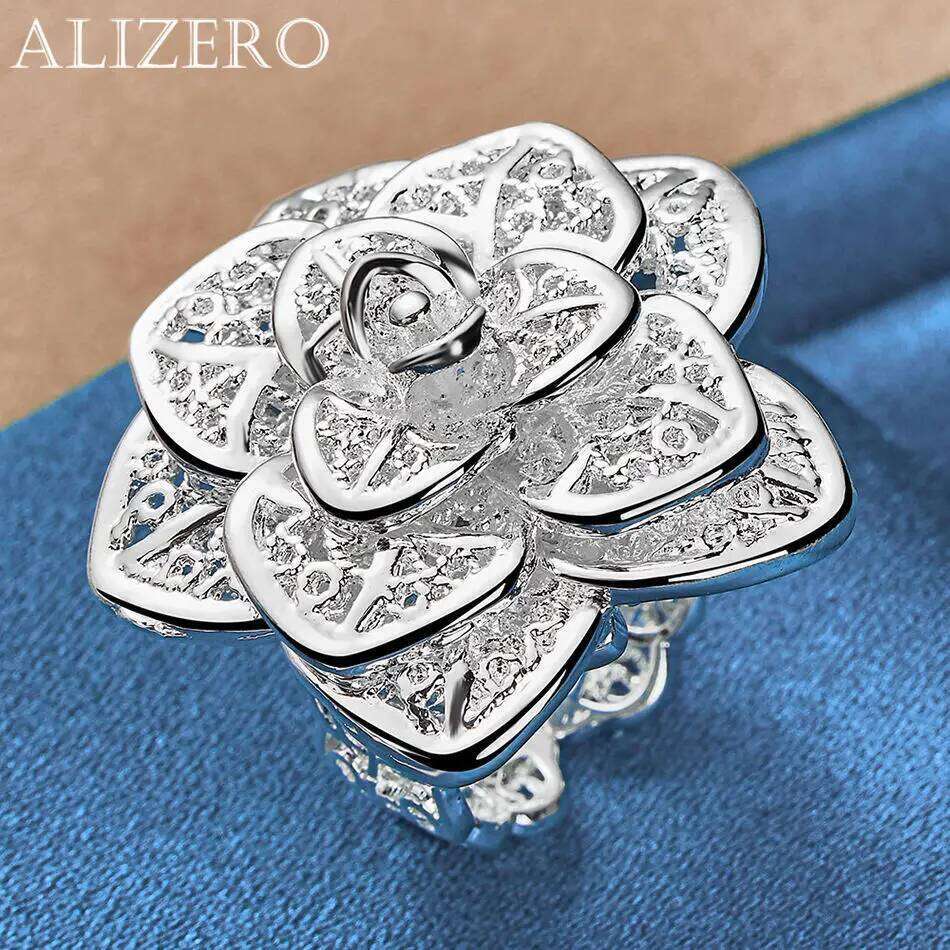 ALIZERO 925 Sterling Silver Camellia Ring For Women Big Flower Adjustable Open Rings Wedding Engagement Band Fashion Jewelry