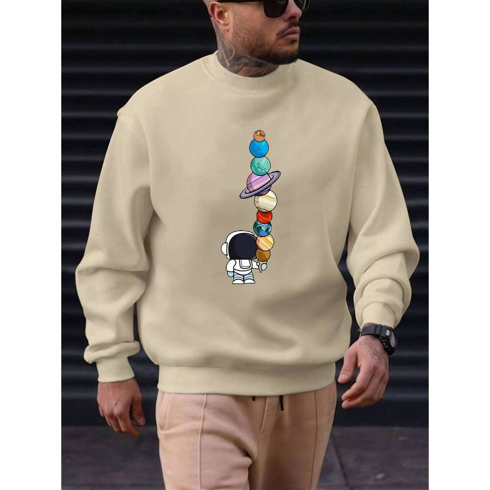 Men's autumn and winter fashionable casual loose astronaut planet graphic fleece long sleeved round neck sweatshirt X260107