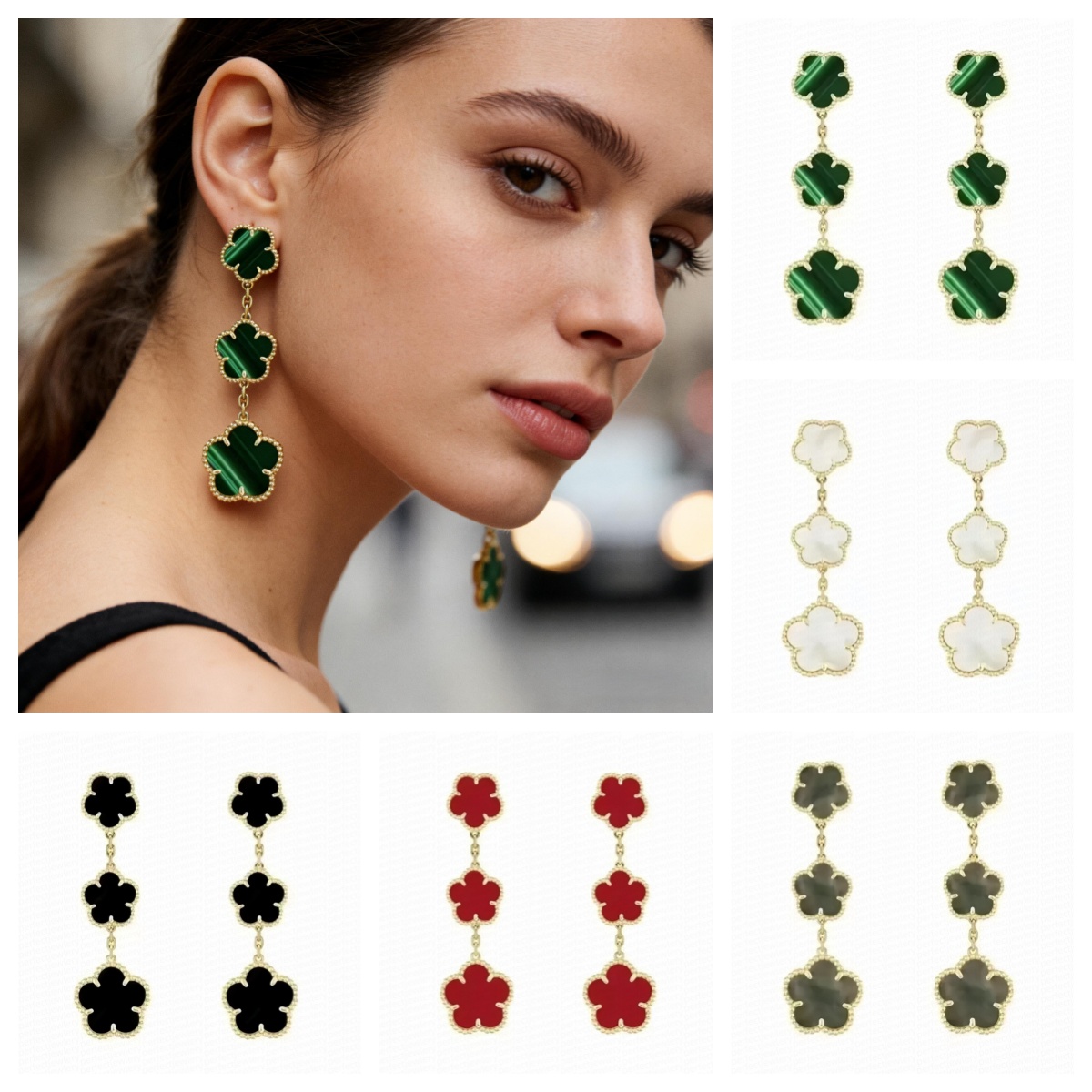 designer earrings designer for women clover earring boucle d oreille luxe silver gold mother-of-pearl white black red green gray blue luxury jewelry 3 flower earrings