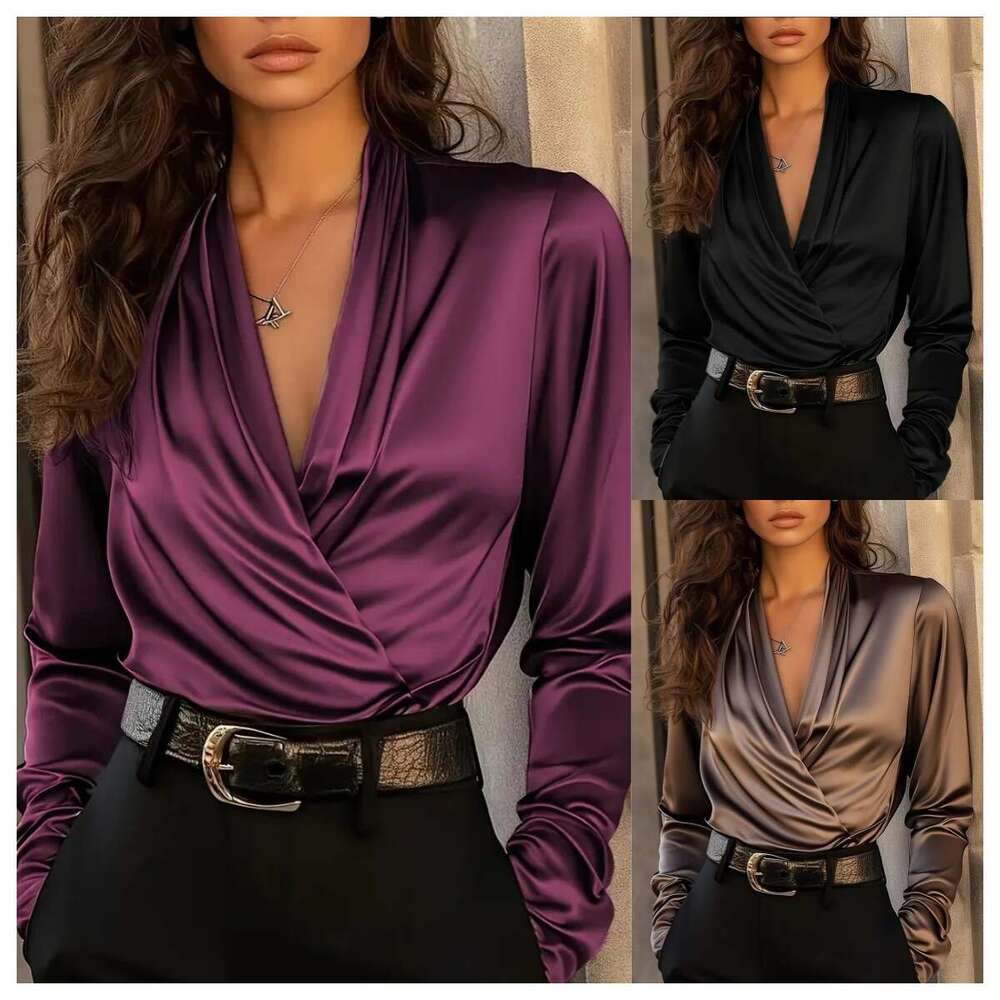 European and American Amazon Independent Station Autumn High-End Professional Elegant Satin V-Neck Design Versatile Women's Top