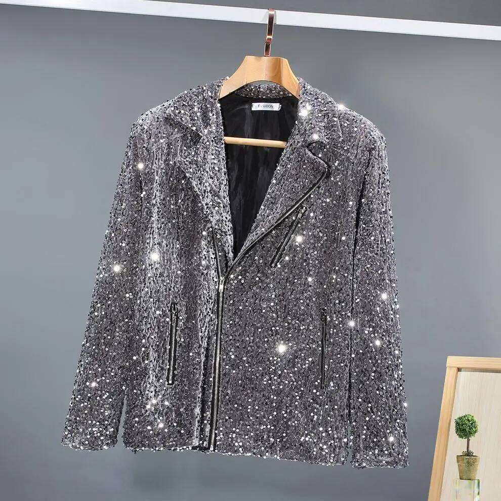 2026 Nightclub DJ Singer Stage Performance Sequin Jacket Men Fashion Bling Shiny Suit Collar Coat