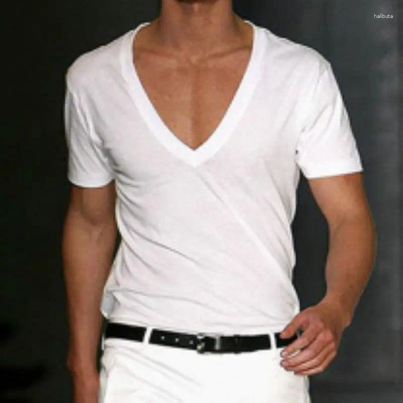 Men's T Shirts Basic White Deep V-Neck Cotton Short Sleeve T-Shirt