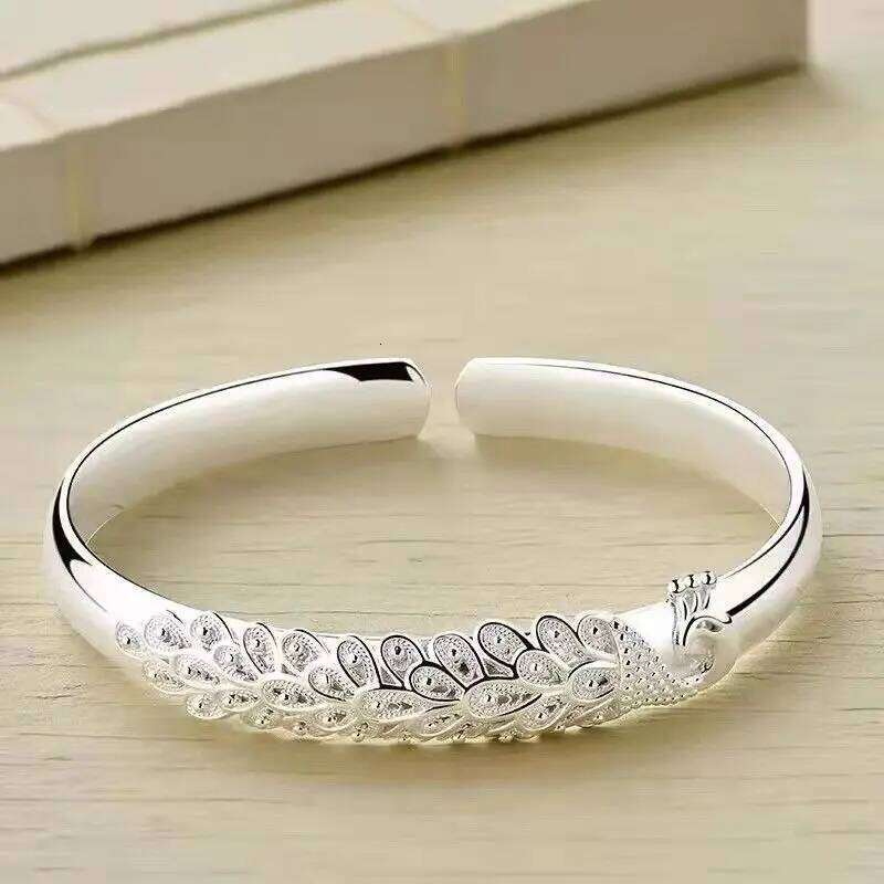 New 925 Sterling Silver Elegant Peacock Opening Screen Bracelet Bangles for Women Fashion Party Wedding Accessories Jewelry Gift