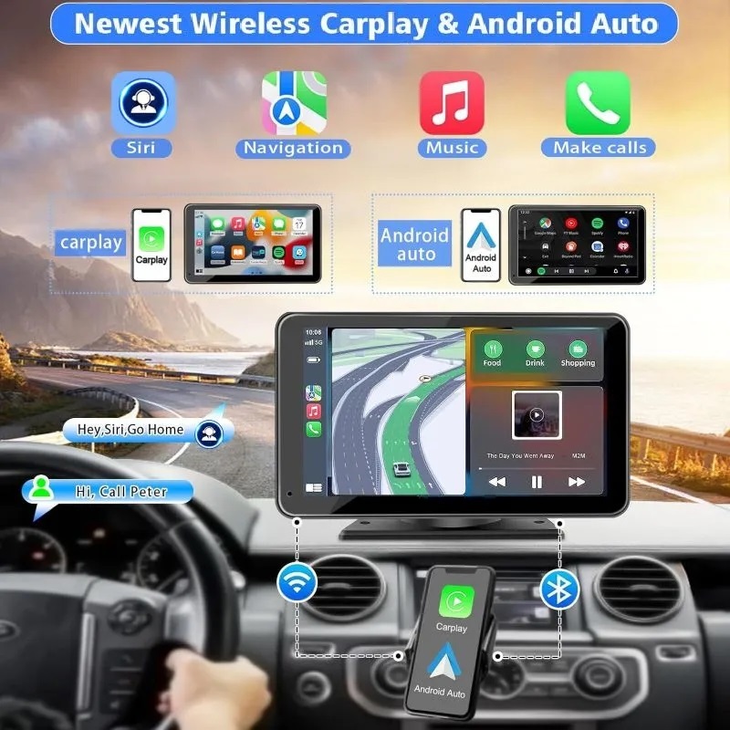 7" HD Portable Car Stereo Carplay Screen for Car Wireless Android Auto, Backup Camera, Car Audio Receivers with Voice Control, Mirror Link, Bluet