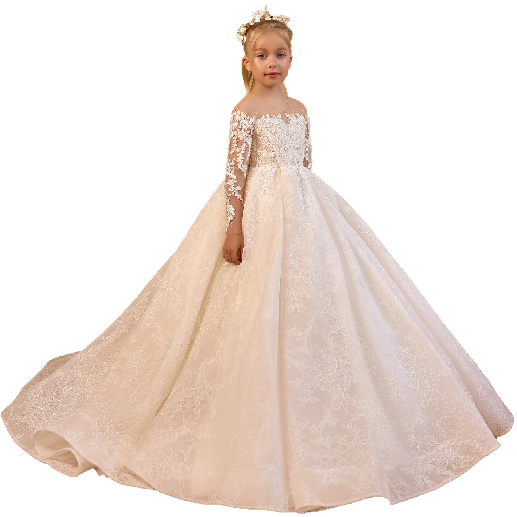 vestidos de primera comunion 2026 Illusion Sleeves pentelei Ivory Lace Baby Kid Christening First Communion Dress for Little Girls Long Flower Girl Go