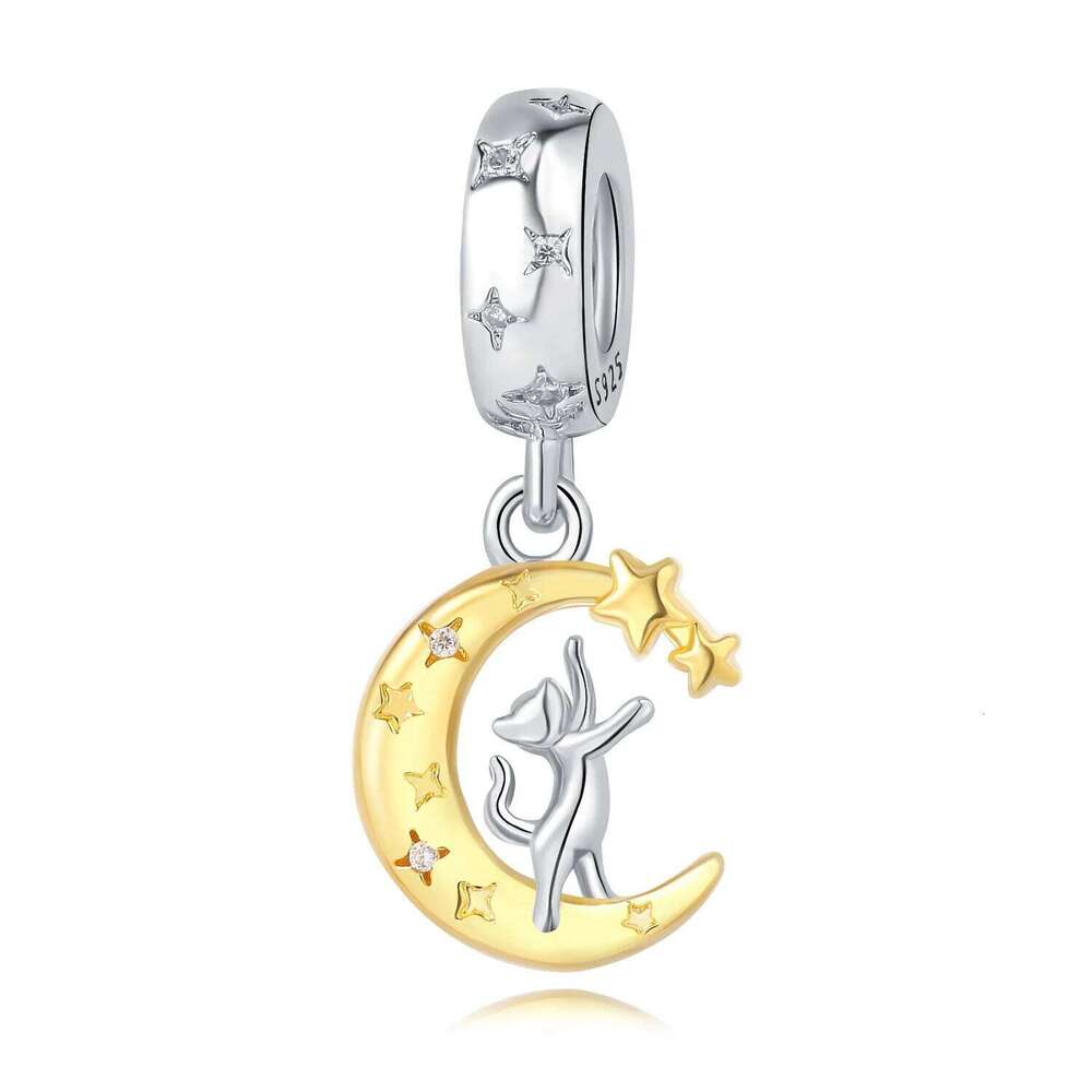 Orstarry 925 Sterling Silver Cute Cat Animal Golden Moon Beads Original Pendants Bracelet Charm Jewelry Party DIY Trendy Gifts